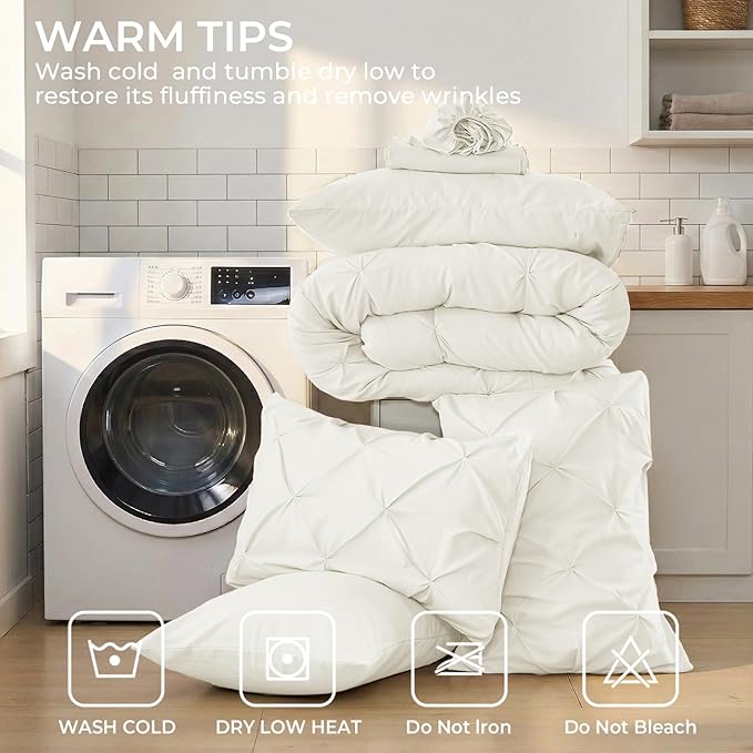 Sasttie King Size Comforter Set, 7-Piece Bed in a Bag, Pintuck Bedding Set for All Season, Includes Comforter, Flat Sheet, Fitted Sheet, Pillowcases and Pillowshams, Ivory
