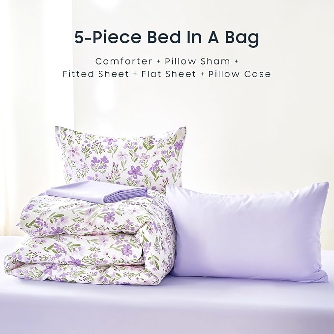 Wake In Cloud - Floral Bedding Set for Girls, Cute Colorful Botanical Flowers Patterned Soft Lightweight Comforter Set with Sheets, 5 Pieces Kids Bed in a Bag, Purple White, Twin Size
