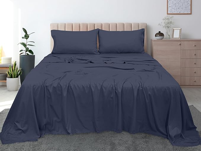 Royale Linens 300 Thread Count 100% Long Staple Combed Cotton Flat Sheet - Super Soft - Top Sheets - Full Flat Sheet Sold Separately - Breathable, Cool & Crisp Percale Sheets Only (Full, Navy)