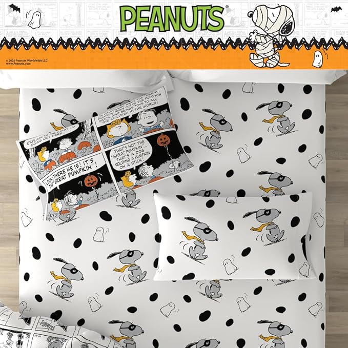 Peanuts Halloween Full Bed Set – Super Soft & Cozy 5 Piece Reversible Comforter and Sheet Set Featuring Snoopy & Charlie Brown, (Official Peanuts Product) by Franco
