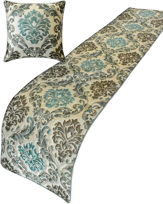 The HomeCentric King/Queen/Twin Blue Designer Full 68"x18" Bed Runner Without Pillow Cover, Damask Bed Scarf on Jacquard Fabric - Royal Elegance