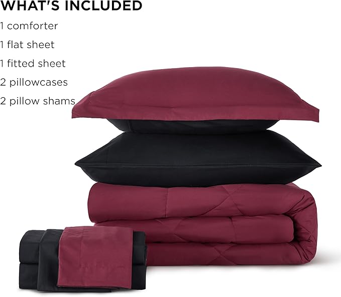 Bedsure Full Size Comforter Set - 7 Pieces Reversible Burgundy and Black Bedding, Full Size Bed Set for All Seasons, Bed in a Bag with Down Alternative Comforter, Sheets, Pillowcases & Shams