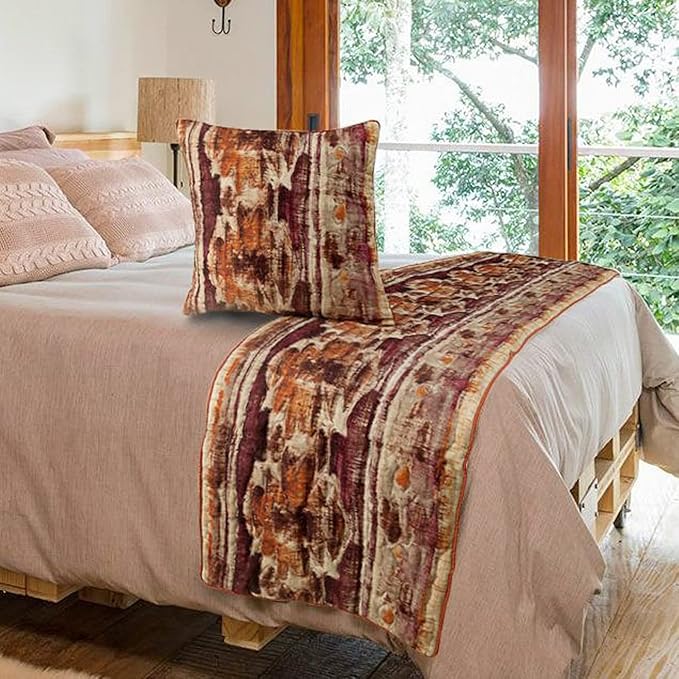 The HomeCentric King Queen Twin Pink & Orange Designer Queen 74"x18" Bed Runner with 2 Pillow Cover, Ikat & Quilted Bed Scarf on Cotton Printed Fabric - Ikat Splash