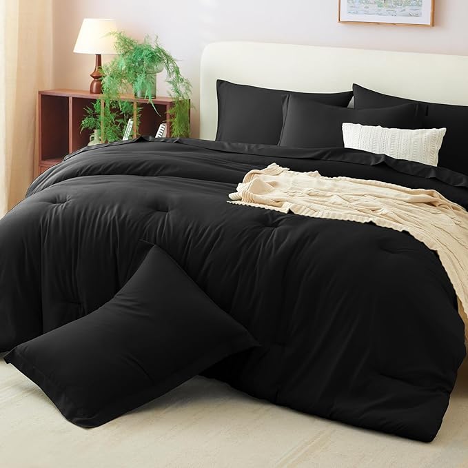 CozyLux Queen Comforter Set Black, 7 Pieces Bed in a Bag Soft Bedding Comforter Set with Sheets, All Season Boho 7PC Bed Sets with Comforter, Fitted Sheets, Flat Sheets, Pillow Shams and Pillowcases