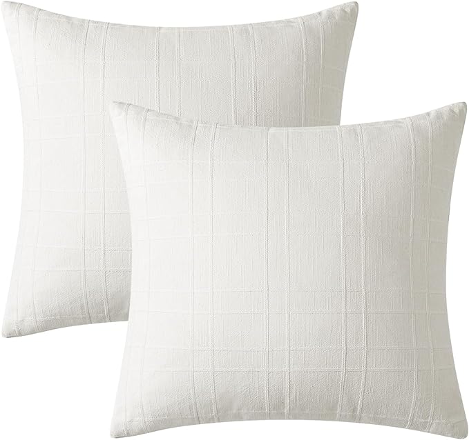 MIULEE Decorative Linen Check Euro Shams Throw Pillow Covers Neutral Farmhouse Vintage Pillow Covers 28x28 Set of 2 Boho Modern Home Decor for Sofa Couch Bedroom Cushion Cream White