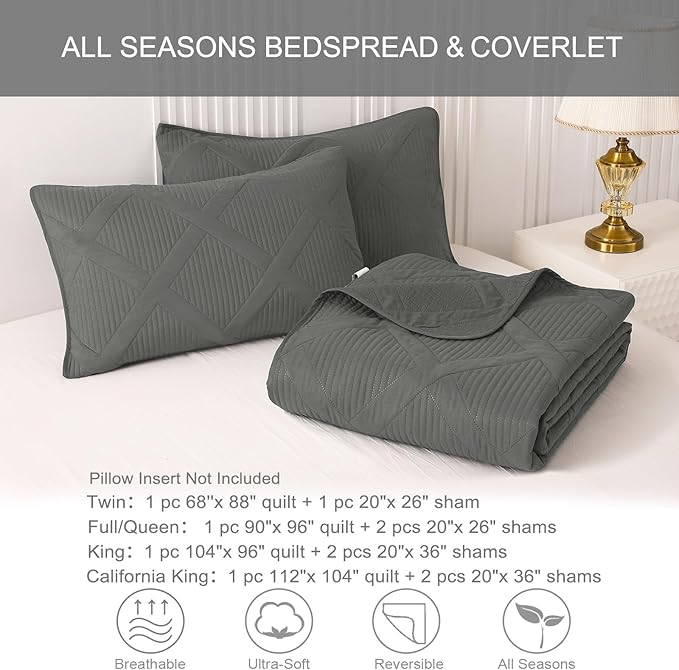 Exclusivo Mezcla Twin Size Quilt Set - Grey Quilts Bedding Set with 2 Pillow Shams, Modern Bedspread with Striped Pattern, Soft Lightweight Bedspreads Coverlets for All Seasons