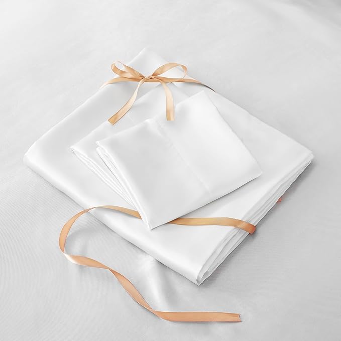 BEDELITE Satin Sheets Queen Size Bed Set, Luxury Soft White Silky Sheets for Hair and Skin, Similar to Silk Bed Sheets Set 4 Pieces (1 Deep Pocket Fitted Sheet, 1 Flat Sheet, and 2 Pillowcases)