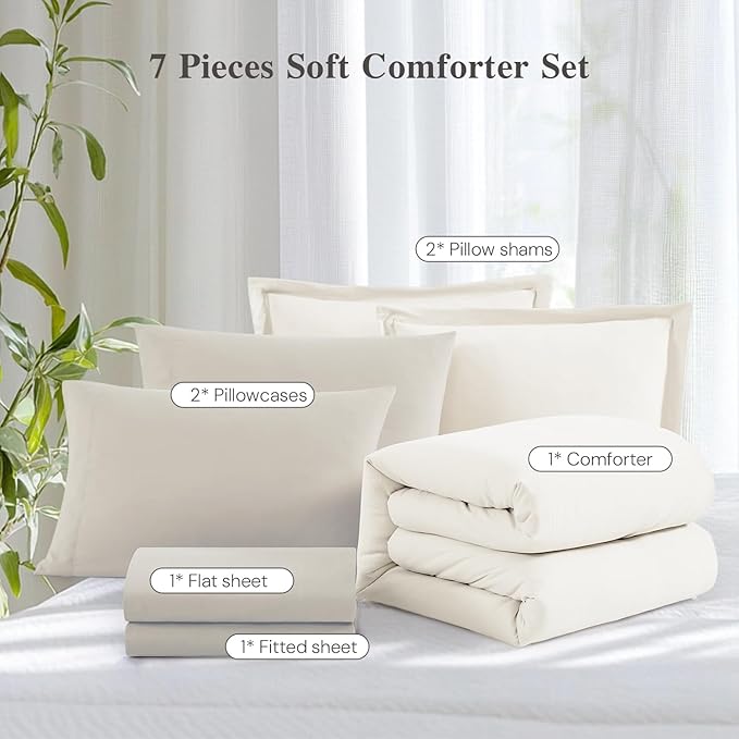 WRENSONGE King Comforter Set, 7 Pieces White Soft Bed in a Bag King with Fitted Sheet, Flat Sheet, 2 Pillow Shams, and 2 Pillowcases- Warm Bedding Set for All Season
