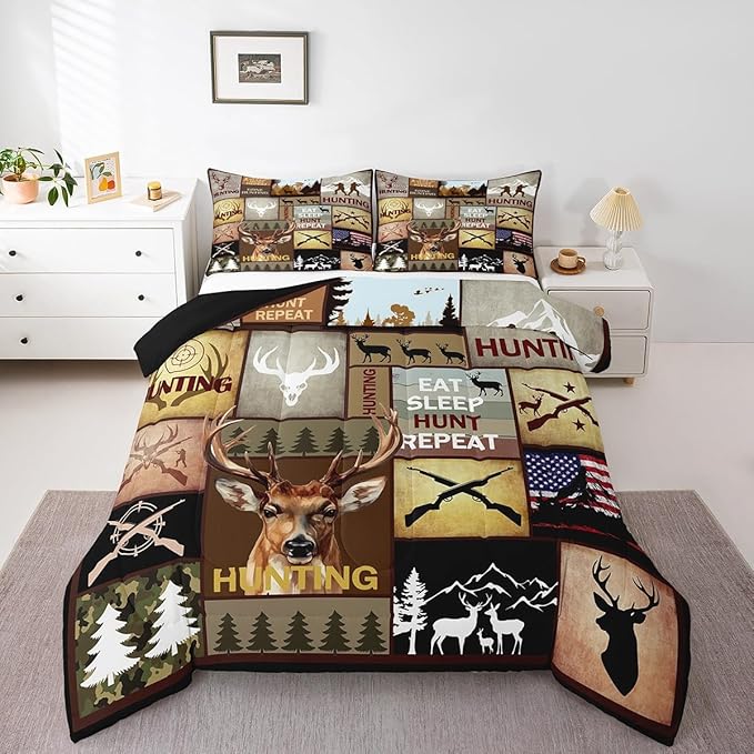 Feelyou Kids Hunting Bedding Set King Size, Deer Hunting Comforter Set Boys Girls Deer Antlers Comforter Hunting Gifts Duvet Insert Kids Room Decor with 2 Pillow Case