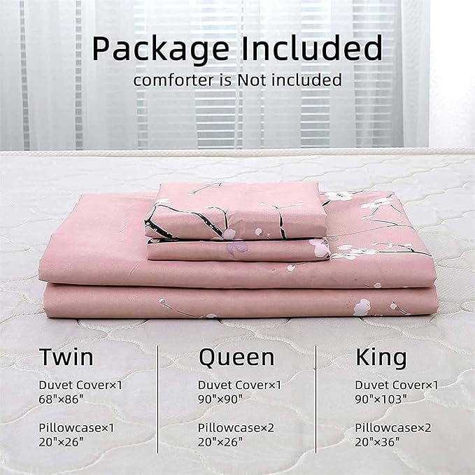 WONGS BEDDING Pink Floral Duvet Cover Set Twin,Reversible Flower Bedding Set with 1 Pillowcase, Pink Plum Flower Pattern Comforter Cover Set with Zipper Ties Soft Microfiber 68"x86"(Not Comforter)