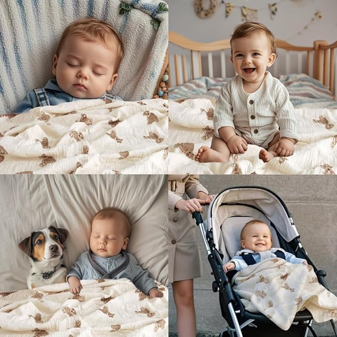 Double Layered 100% Cotton Muslin Baby Blanket Ultra-Soft 40x40 Inch Swaddling Nursery Crib Blanket(Brown Bear)