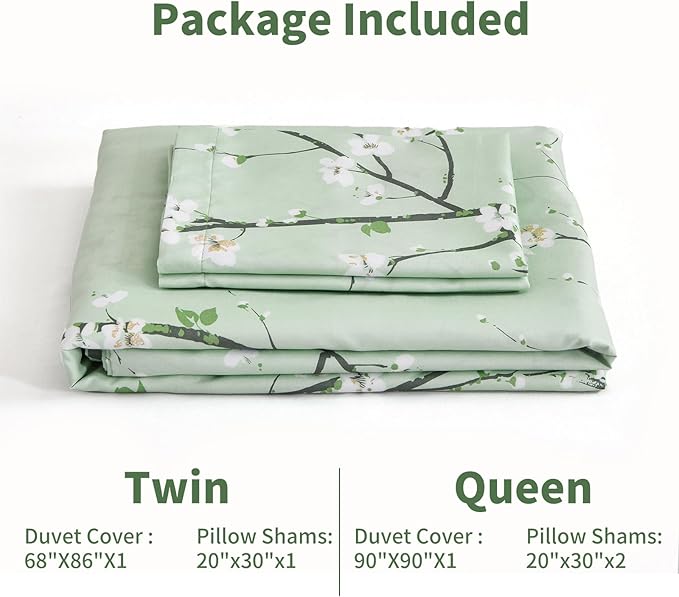 WONGS BEDDING Sage Green Floral Duvet Cover Set Queen, 3 Pieces Flower Plum Blossom Printed Bedding Set with 2 Pillow Shams, Botanical Branch Comforter Cover Set Queen Size 90"X90"(Not Comforter)