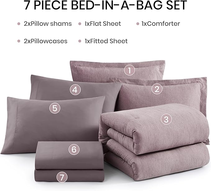 Monbix Full Size Comforter Set, Lilac Bedding Comforter for Full Size Bed Set Reversible, Bedding Sets Full 7 Pieces, Cationic Dyeing Bed in a Bag with Comforter, Sheets, Pillowcases & Shams