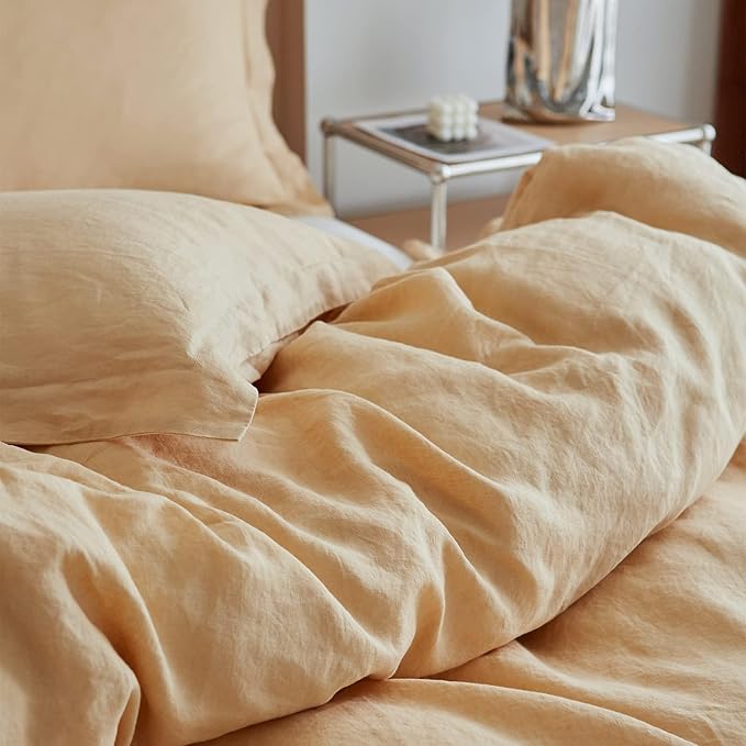 Simple&Opulence 100% Linen Duvet Cover Set, Natural French Flax Sand Duvet Cover Twin Size, Breathable Soft Comfy Linen Bedding Comforter Cover with 1 Pillowcase(Sand, 68"x86")