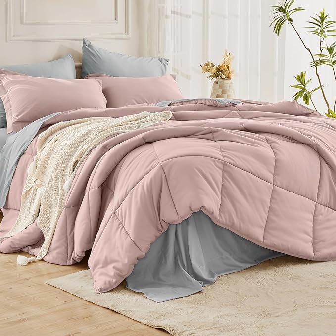 JOLLYVOGUE Twin Comforter Set, Ultra-Soft Bed in a Bag Twin Size 5 Pieces, Oeko-TEX Certified Bedding Set with Down Alternative Comforter, Sheets, Pillowcases & Shams, Pink & Light Grey