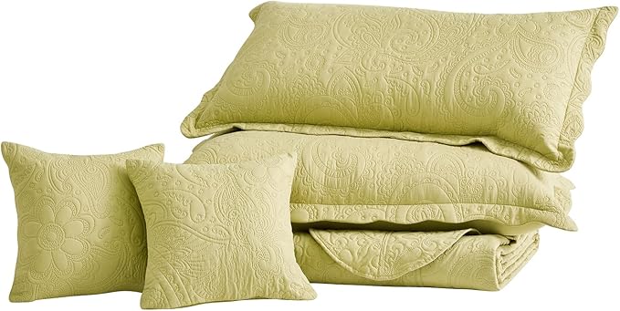 Oversized King Bedspread, Ultrasonic Lightweight Bedding Cover, Paisley Pattern, Reversible, 5 Piece, 100% Microfiber, Leek Green