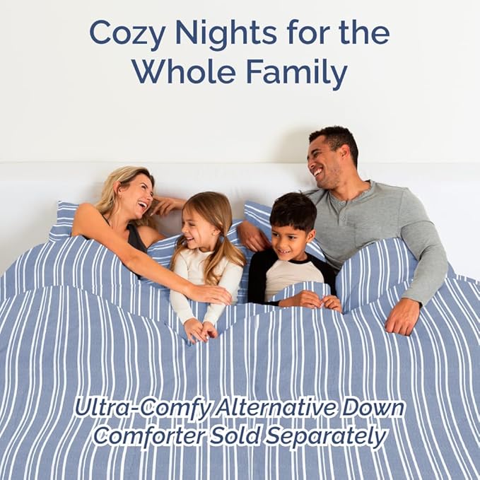 Flex Top Split Head King 4 Piece Sheet Set - Comfy Breathable & Cooling Bed Sheets Set - Hotel Luxury Bedding for Women, Men, Kids, Teens, Boys & Girls - Deep Pockets, Soft - Oeko-Tex - Blue Stripes