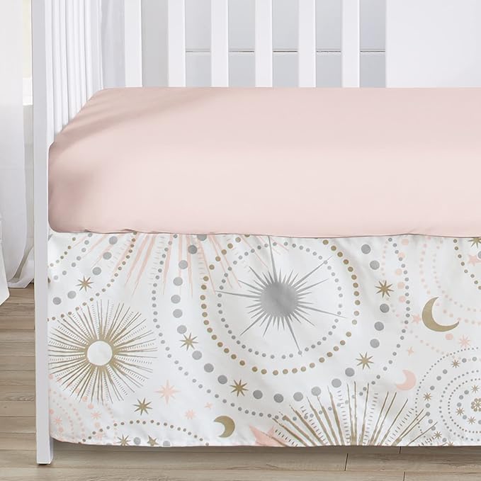 Sweet Jojo Designs 5-Piece Baby Crib Bedding Set (Star and Moon) for Girls, Infants/Nursery incl. Blanket, Fitted Sheet and Crib Skirt (Shabby Chic Stars, Celestial Sky, Outer Space, Blush Pink, Gold)