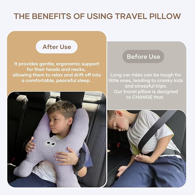 Car Pillow for Kids,H-Shaped Adjustable Travel Neck Pillow for Sleeping,Soft Plush Support for Head & Neck, Long Road Trip Essentials for Boys Girls(Grey)