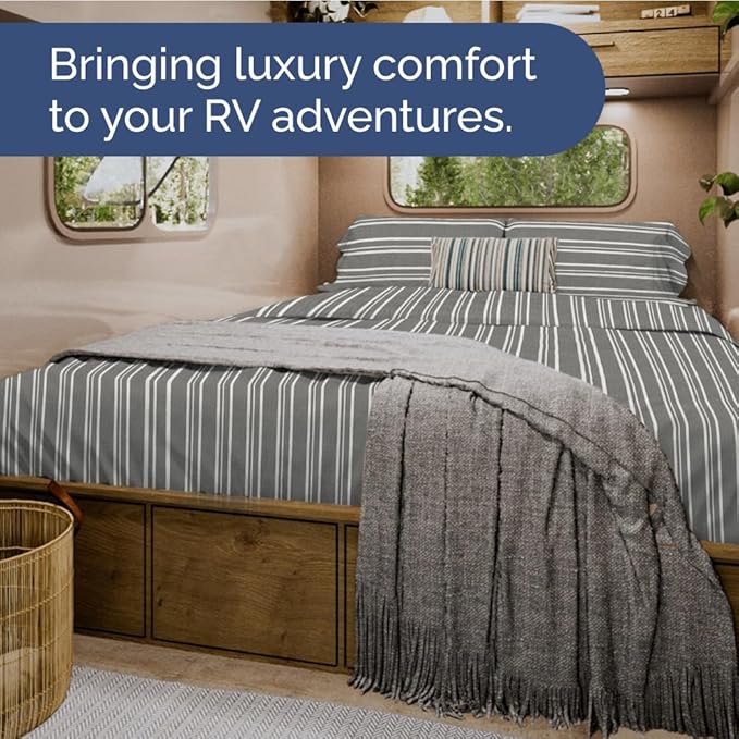 Short Queen Size 4 Piece Sheet Set - RV Short Queen, Soft, Breathable & Cooling Bed Sheets Set w/ Deep Pockets - Hotel Luxury Bedding for Women, Men, Kids, Teens, Boys & Girls, Oeko-Tex - Grey Stripes