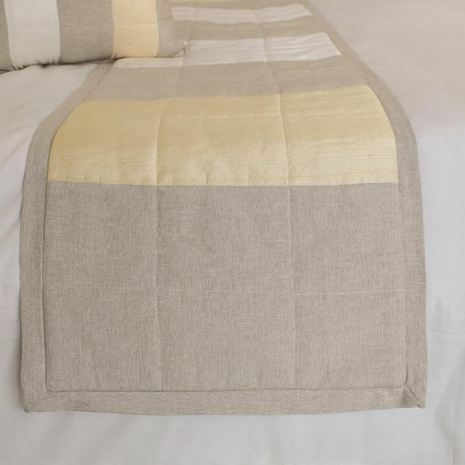 The HomeCentric King/Queen/Twin Beige Decorative Full 68"x18" Bed Runner with Pillow Cover, Color Block, Patchwork, Quilted, Silk, Linen & Striped Bed Scarf on Linen & Silk Fabric - Alikka