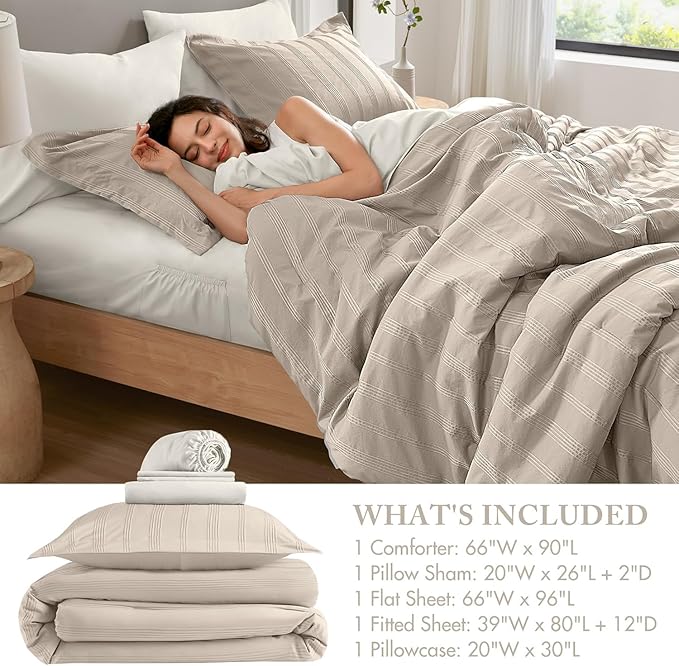 Madison Park Essentials Striped Comforter Set Twin XL, 5 Pieces Modern Minimalist Jacquard Bedding Set for All Season, Bed in A Bag with Sheet Set and Soft Brushed Reverse, Lightweight Neutral
