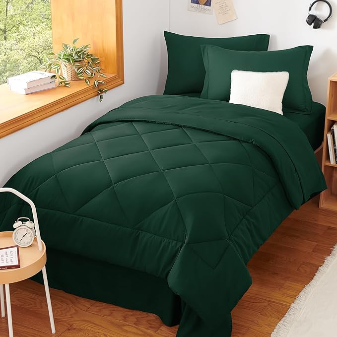 CozyLux Twin Comforter Set with Sheets Emerald Green - 5 Pieces Bed in a Bag Twin, All Season Bed Set for Girls and Boys, Bedding Set with Down Alternative Comforter, Sheets, Pillowcase & Sham