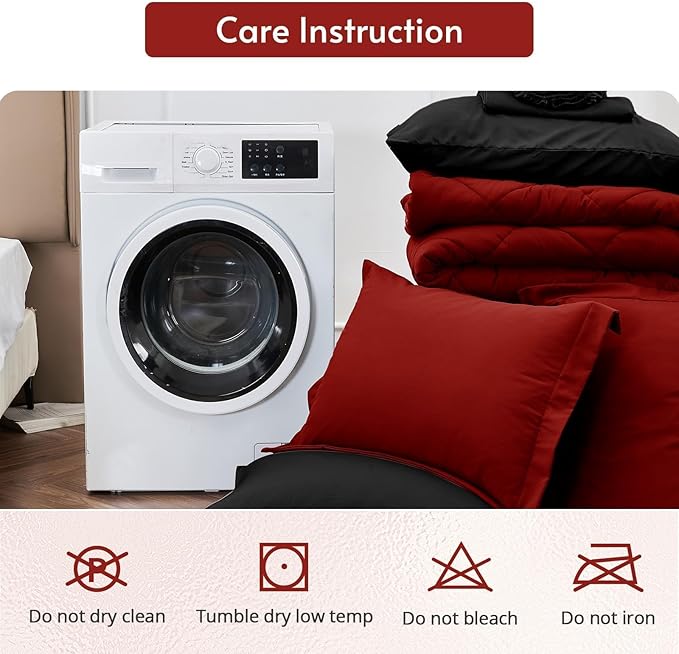 MUXHOMO 7 Pieces Full Comforter Set, Reversible Bed in a Bag Full Size, All Season Bedding Set with Comforter, Flat Sheet, Fitted Sheet, Pillowcases & Shams, Red & Black