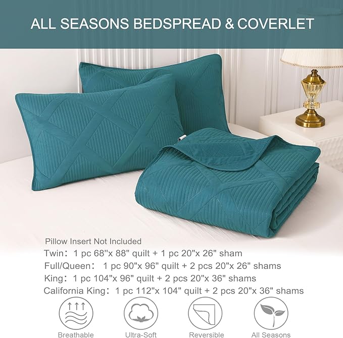 Exclusivo Mezcla King Quilt Set- Teal Quilts Bedding Set with 2 Pillow Shams, Modern King Bedspread with Striped Pattern, Soft Lightweight Bedspreads Coverlets for All Seasons