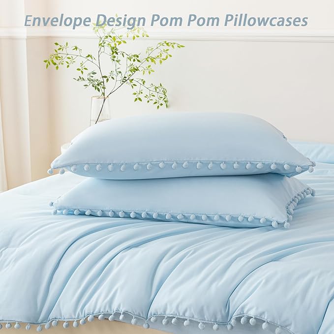 PERFEMET 5 Pieces Twin Bedding Sets Light Blue Pom Pom Comforter Set for Girls Boys Soft Fluffy Solid Boho Bed in A Bag with Comforter and Sheets(Light Blue, Twin)