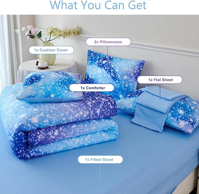 PERFEMET Blue Twin Comforter Set for Girls, 6 Pieces Twin Bed in A Bag, 3D Colorful Kids Bedding Comforter Set with Sheets, Tie Dye Ombre Fluffy Teen Girl Bed Set (Blue, Twin)