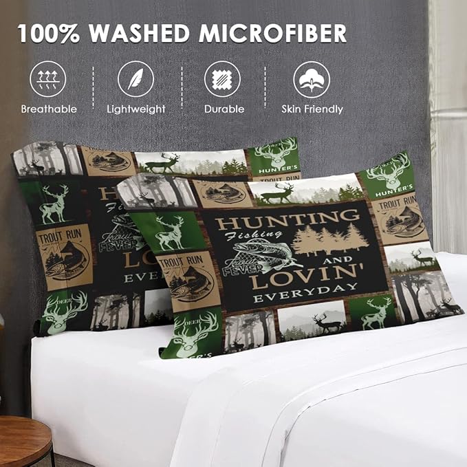 King Size Comforter Set with 2 Pillowcases, Retro Mountains Gray Soft 3 Pcs Bedding for Kids and Adults, Deer Animal Tree Comforter Set for Bedroom Bed Decor