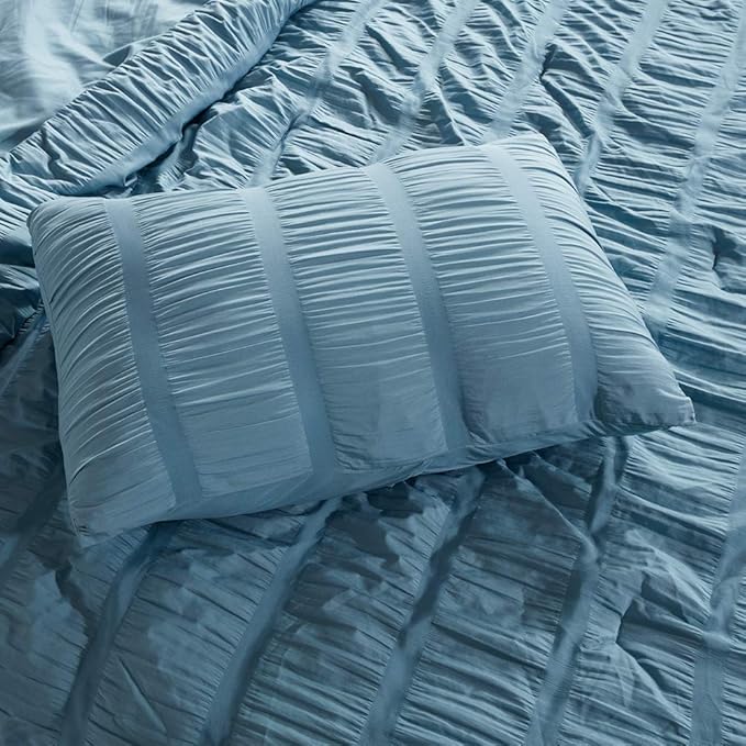 SLEEP ZONE Luxury Seersucker King Size Comforter Set 3-Piece, Soft & Lightweight Down Alternative Duvet Insert with Pillow Sham Cooling for Summer, Blue