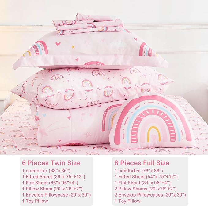 Mooreeke Bed in a Bag for Kids Girls Teens, 6 Pieces Twin Size Comforter Bed Set with Shams, Sheet Set and Decorative Toy Pillow, Rainbow Pink Super Soft Microfiber Kids Comforter Bedding Set