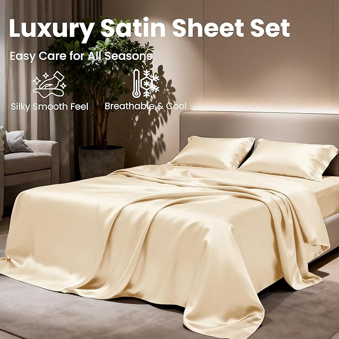 Love's cabin California King Satin Sheet Sets - 4 Piece Beige Silky Sheets Bed Set with Deep Pocket, Luxury Silk Feel Satin Cal King Sheet Set (1 Flat Sheet,1 Fitted Sheet,2 Pillow Cases)