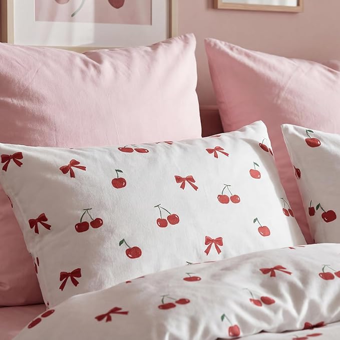 Nayoroom Red Cherry Duvet Cover Queen Size Cute Bow Duvet Cover 3 Pieces Soft Lightweight Microfiber Girls Aesthetic Dorm Bedding Set with Zipper Closure