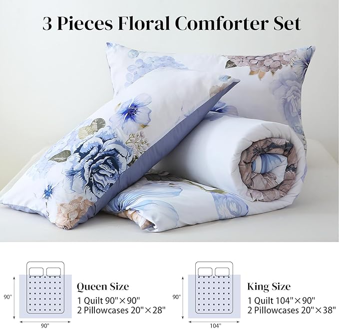 Floral Comforter Set King Size, 3 Pieces Elegant Blue Floral Bed in a Bag, Soft Microfiber Botanical Flower Bedding Set with 2 Pillowcases for All Season 104"×90"