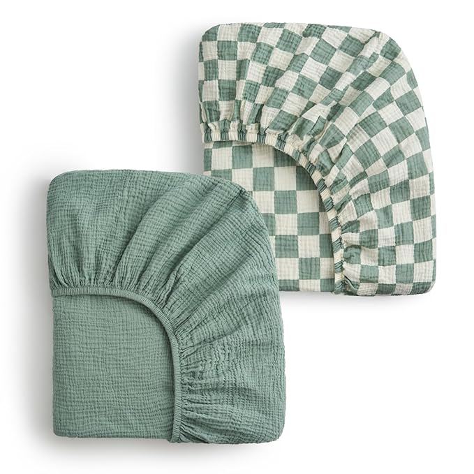 Blissful Diary Muslin Crib Sheets for Girl Boy, Boho Neutral Soft Cotton Baby Sheet for 52''x28'' Standard Crib Mattress, 2 Pack(Sage Checkboard & Sage Green)