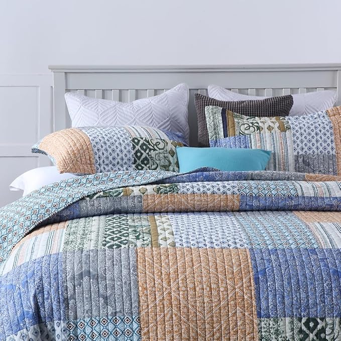 Autumn Dream Cotton Bedspread Quilt Sets Reversible Bedding Coverlet Sets Comforter, Vintage Floral Paisley Patchwork Bohemian Blue Bedspread, King Size | Breathable material, Reversible, Handmade patchwork, Soft durable, Jacquard stitching, Machine wa...