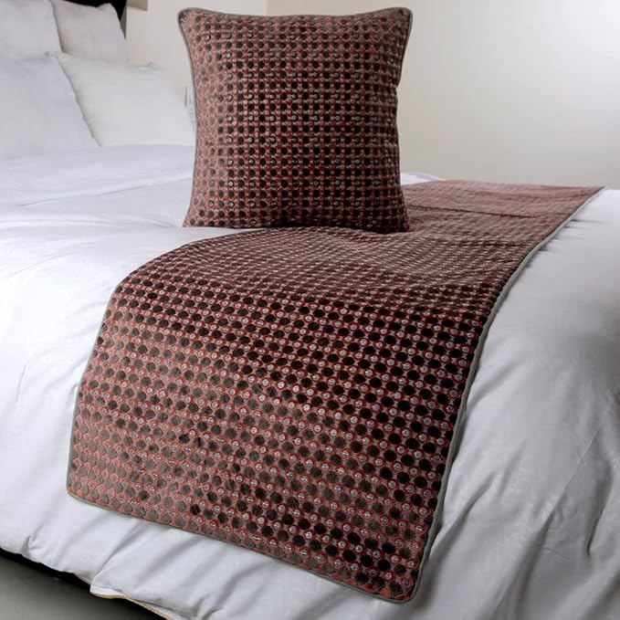 HomeCentric Grey Bed Runner & Scarf, Queen Size 74"x18", Velvet with Sequins Embroidery - Ditto Dots