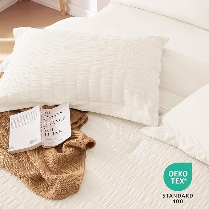 MUXHOMO 7 Pieces King Comforter Set, Seersucker Bed in a Bag King Size, All Season Luxury Bedding Set with Comforter, Flat Sheet, Fitted Sheet, Pillowcases & Shams, Ivory