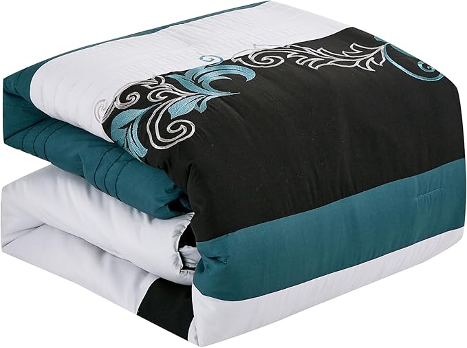 Chezmoi Collection Napa 7-Piece Luxury Leaves Scroll Embroidery Bedding Comforter Set (Oversized King, Teal/Black/Gray)