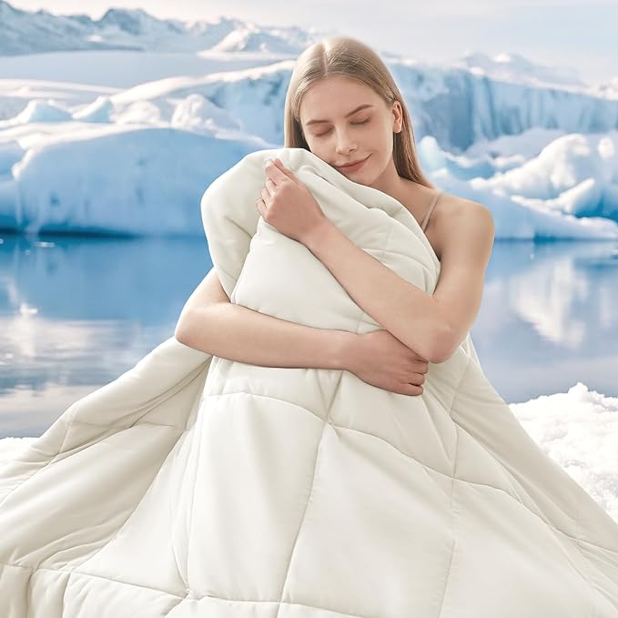 HYLEORY Cooling Comforter Queen Size - Summer Cooling Blanket for Hot Sleepers/Night Sweats, Double-Sided Cold Touch Silky Ice Comforters, Breathable Lightweight Beddings, Cool Cream, 90"x90"