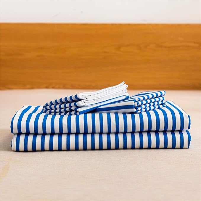 JELLYMONI 100% Natural Cotton 3pcs Striped Duvet Cover Sets,White Duvet Cover with Blue Stripes Pattern Printed Comforter Cover,with Zipper Closure & Corner Ties(Full Size)
