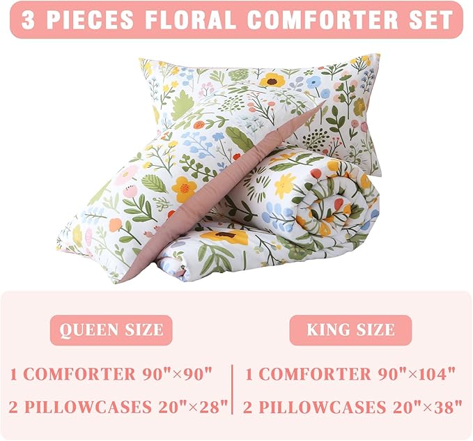 Queen Comforter Set Pink 3 Pieces Bed in a Bag, Colorful Floral Bedding Sets Elegant Botanical Bed Set, Lightweight Soft Comforter with 2 Pillowcases for All Season
