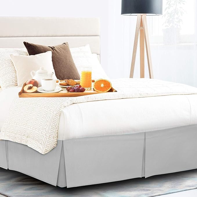Pleated Bed Skirt 15 Inch Drop Calking Size – Wrinkle-Free Microfiber – Dust Ruffle with Split Corners Light Grey