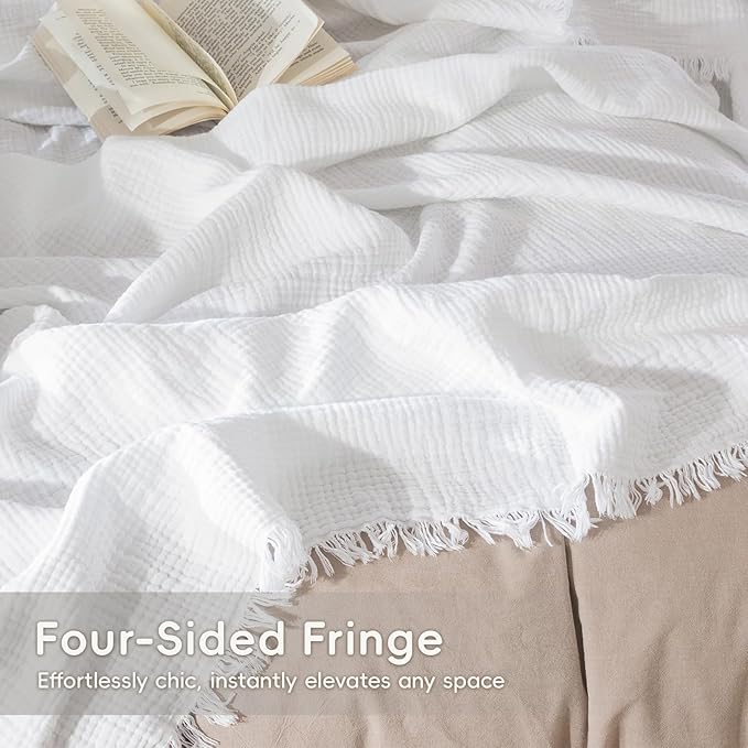 MooMee Muslin Blanket - 100% Cotton 4-Layer Gauze Throw Blanket with All-Around Fringe, Ultra-Soft Breathable Lightweight Cooling Decorative for Bed, Sofa & Couch (Bright White,King 104" x 90")