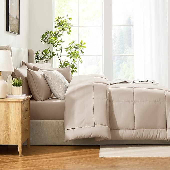 CozyLux Queen Size Comforter Sets Wheat, 7 Pieces Bed in a Bag, Wheat Comforter Queen Size, All Season Bedding Sets with Stitch Quilted Comforter, Flat Sheet, Fitted Sheet, Pillowcases
