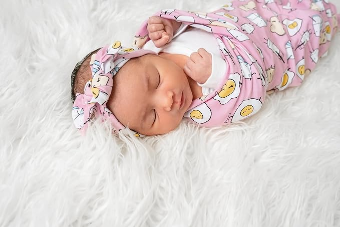 Little Sleepies Swaddle & Headband Bow Set, Viscose from Bamboo Baby Swaddles, Newborn Baby Girl Clothes (Pink Breakfast Buddies)