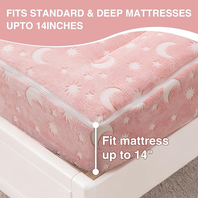 A Nice Night Star Moon Plush Zippered Comforter Set Zipper Bedding Glow in The Dark for Child, Twin,Pink
